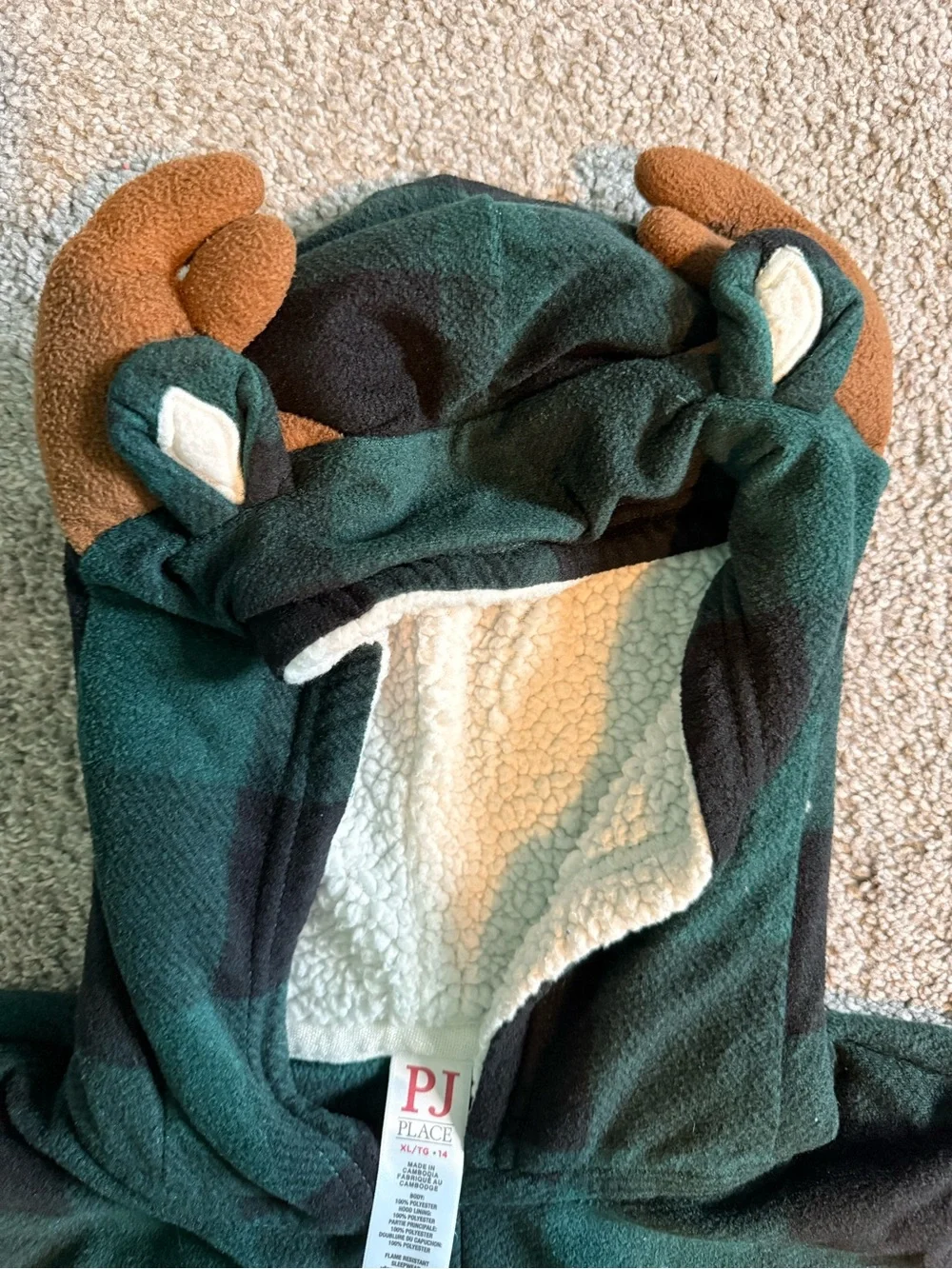 Kids Green & Black Buffalo Plaid Hooded Fleece Onsie with Antler Ears